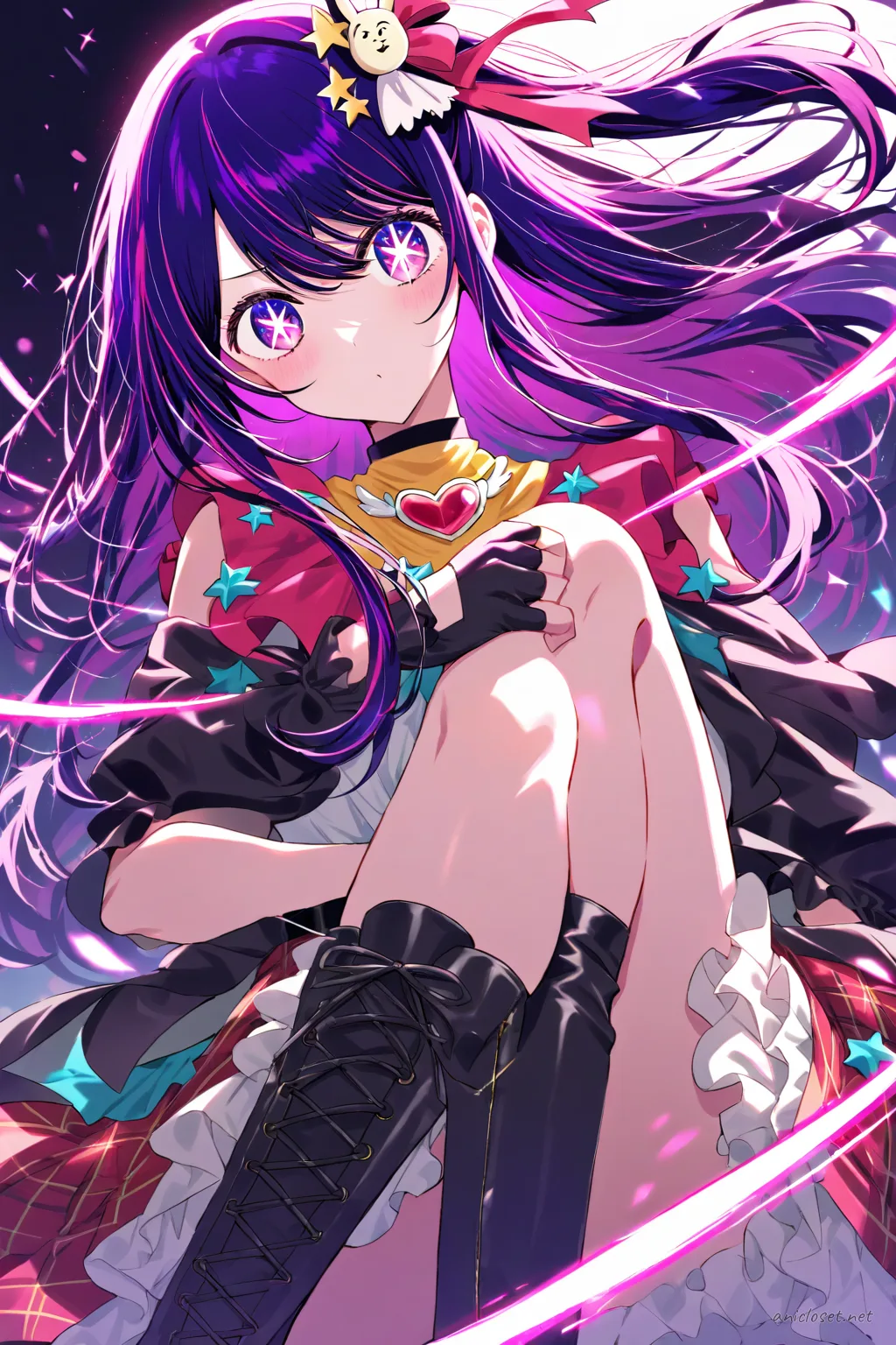 Illustration of Ai Hoshino wearing a punk Lolita outfit with tartan skirt, cropped jacket, chain belt, and platform boots in a knee-up half-body pose