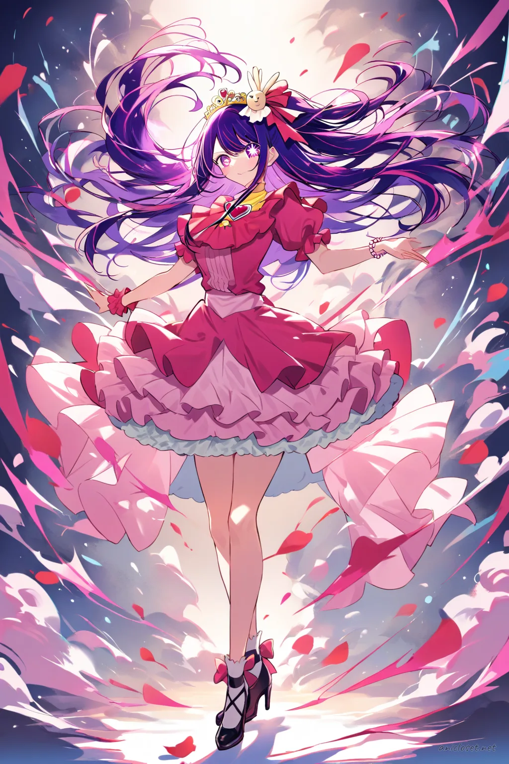 Full-body illustration of Ai Hoshino wearing a rose-pink hime Lolita dress with ruffles, pearl trim, tiara comb, bow heels, standing against a clean studio backdrop