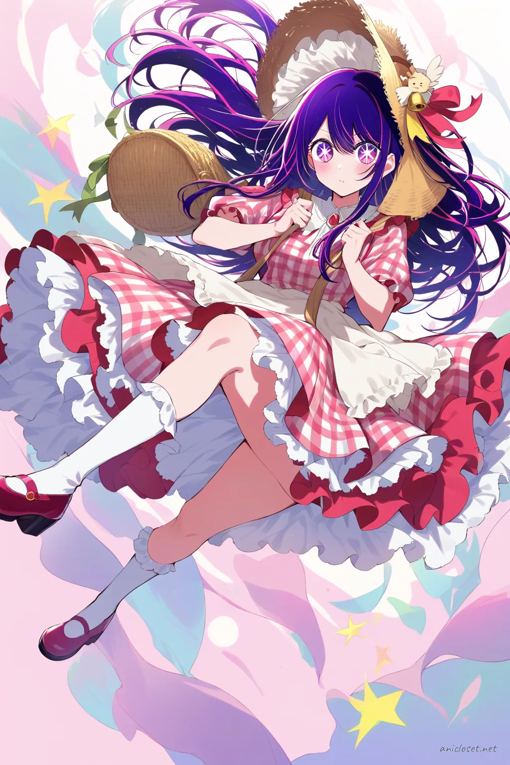 Ai Hoshino in knee-up half-body shot wearing a country Lolita gingham dress with lace apron, straw bonnet, basket bag, and mary janes