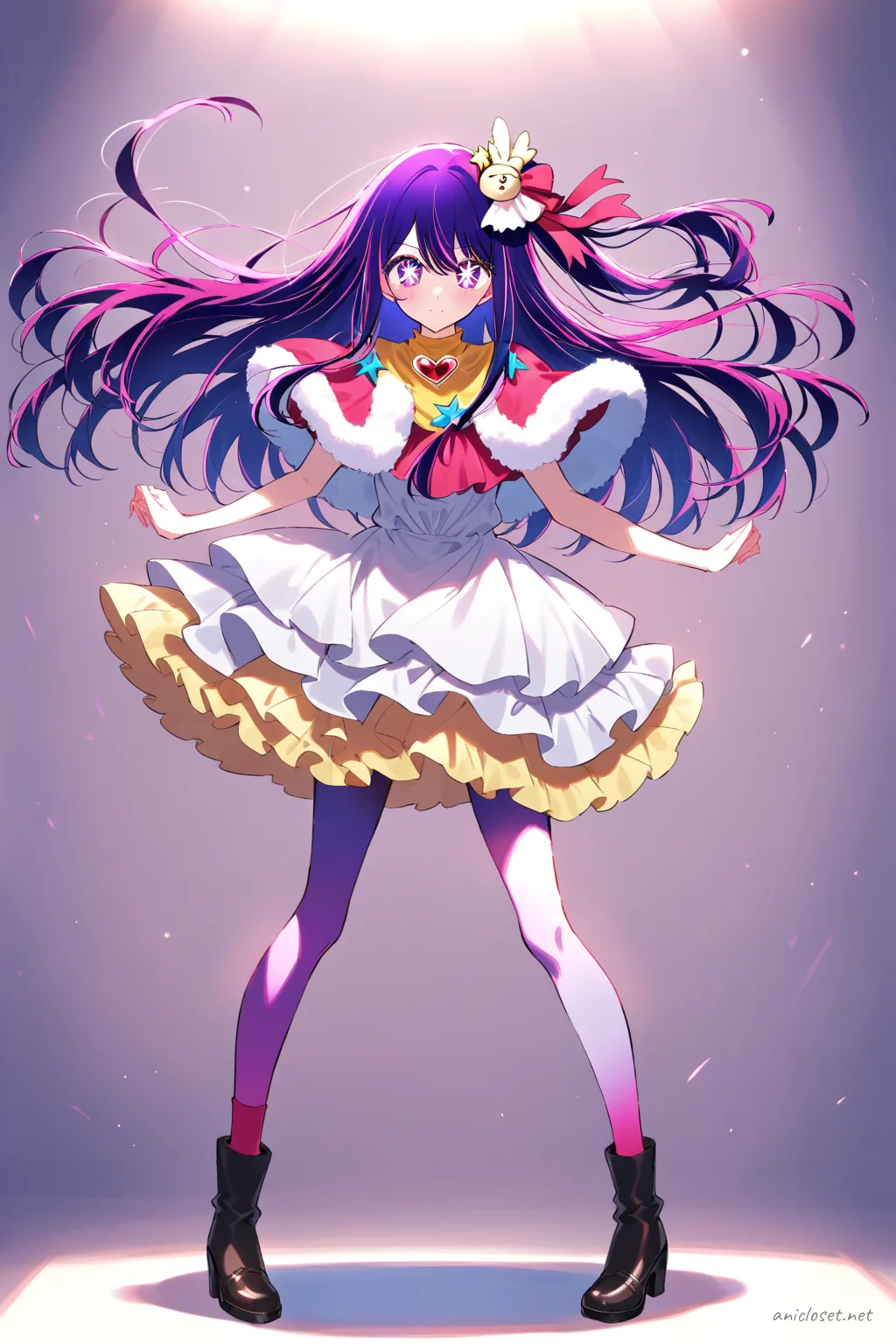 Full-body illustration of Ai Hoshino in winter Lolita coat dress with faux-fur capelet, velvet bow, warm tights, and ankle boots on a clean studio backdrop
