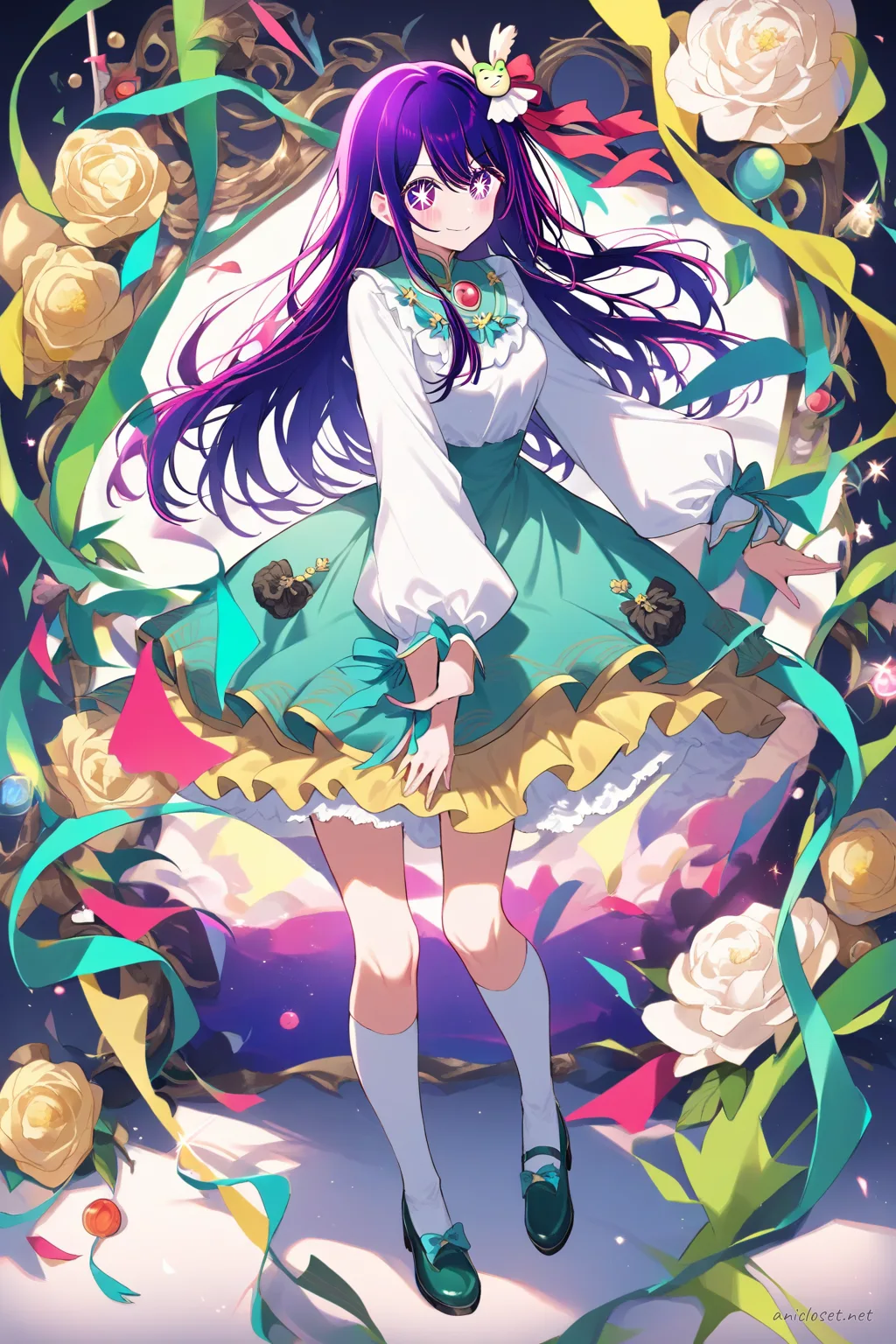 Full-body illustration of Ai Hoshino in a qi-Lolita dress with mandarin collar, brocade bell skirt, frog buttons, jade ribbon accents, white blouse, and jade green mary jane shoes on a clean studio backdrop