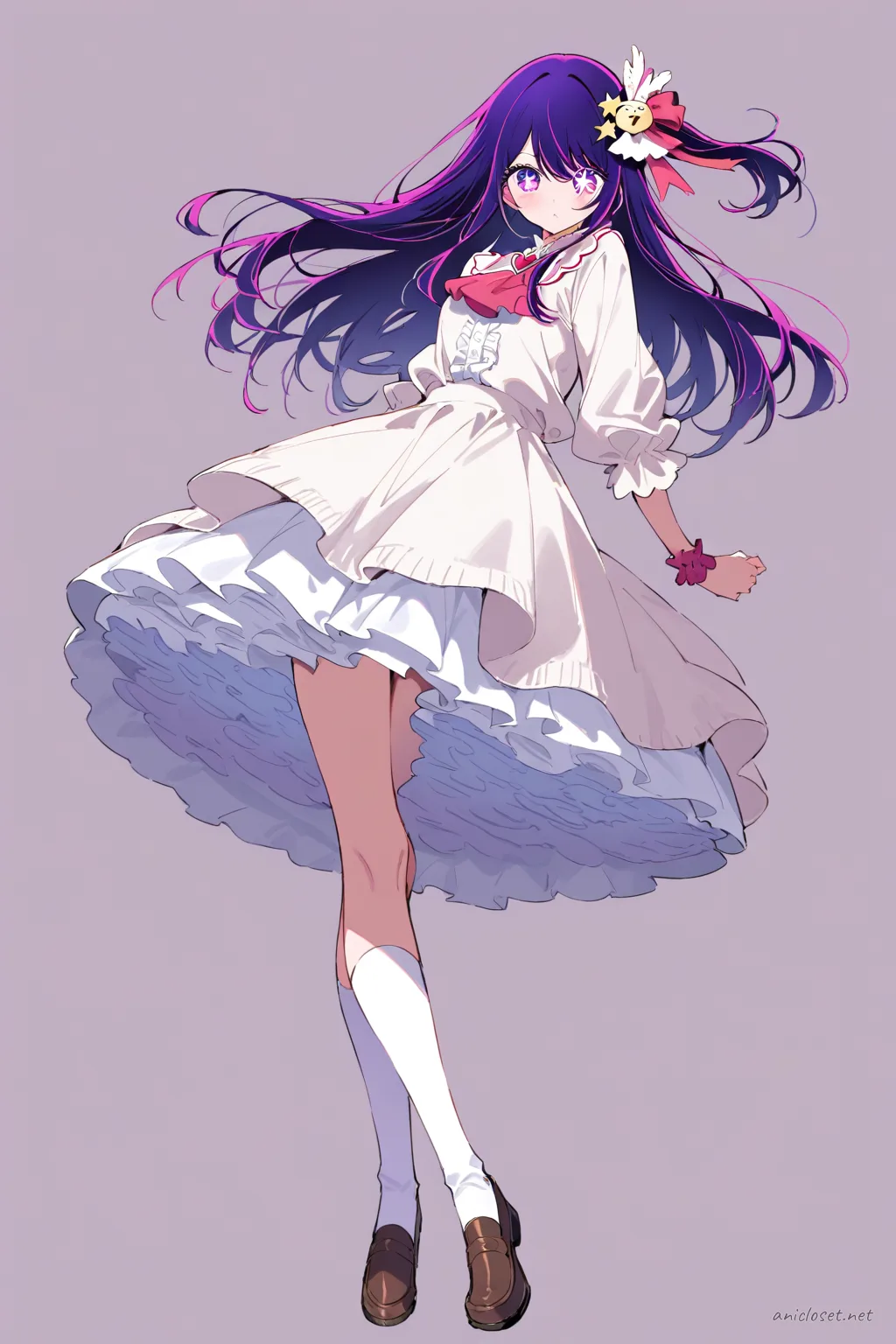 Full-body three-quarter view of Ai Hoshino in a casual Lolita outfit with cardigan, jumper skirt, small bow, knee socks, and loafers