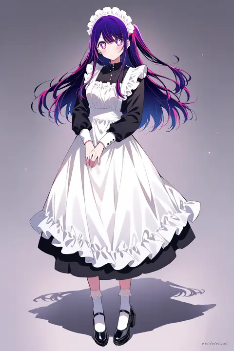 Full-body illustration of Ai Hoshino in classic black-and-white Victorian maid dress with frilled apron and maid headdress, standing pose on clean studio backdrop