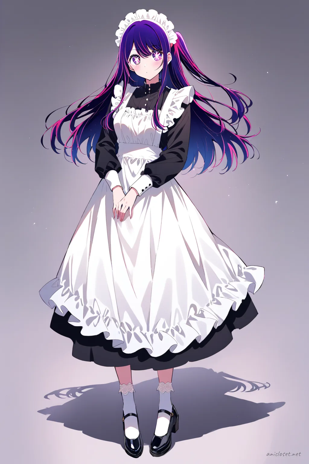 Full-body illustration of Ai Hoshino in classic black-and-white Victorian maid dress with frilled apron and maid headdress, standing pose on clean studio backdrop