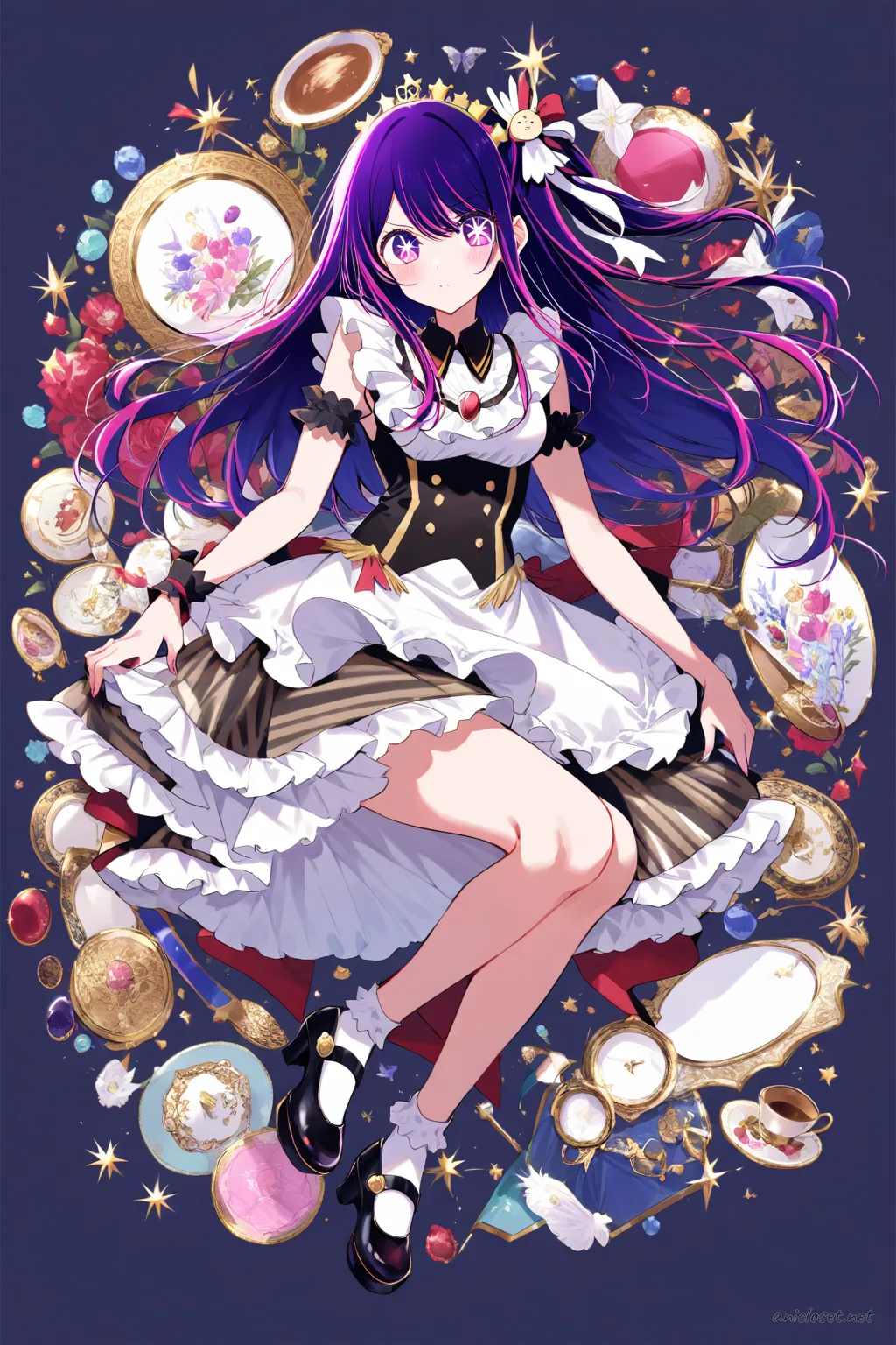 Full-body three-quarter view of Ai Hoshino wearing a cute cafe maid dress with puff sleeves, knee-length skirt, white ribbon apron, and black mary janes