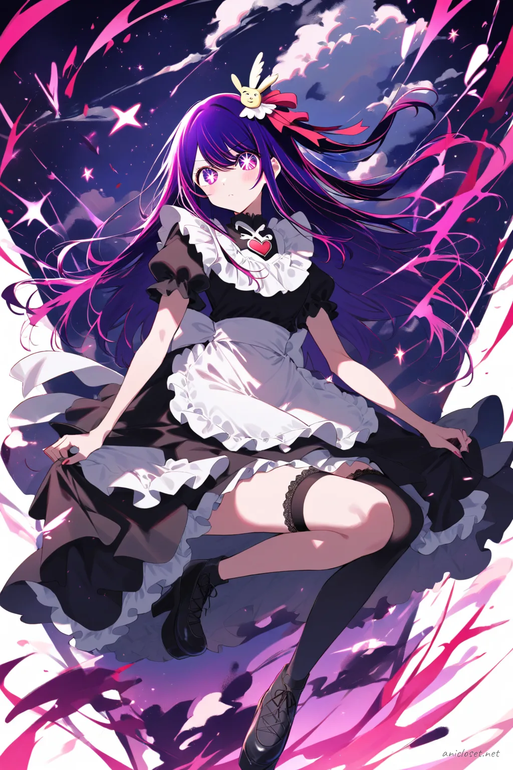 Ai Hoshino in a gothic maid dress with black lace trim, layered knee-length skirt, cross-tie ribbon neck, and platform shoes under soft studio lighting