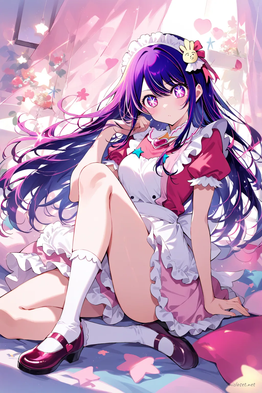 Knee-up half-body illustration of Ai Hoshino in pastel pink maid dress with scalloped white apron and heart-shaped buttons under soft studio lighting