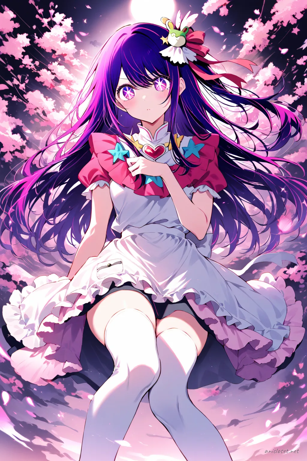 Full-body illustration of Ai Hoshino in a maid outfit with qipao collar, frilled apron, frog-button accents, knee-length skirt, and mary-jane shoes on a clean studio background