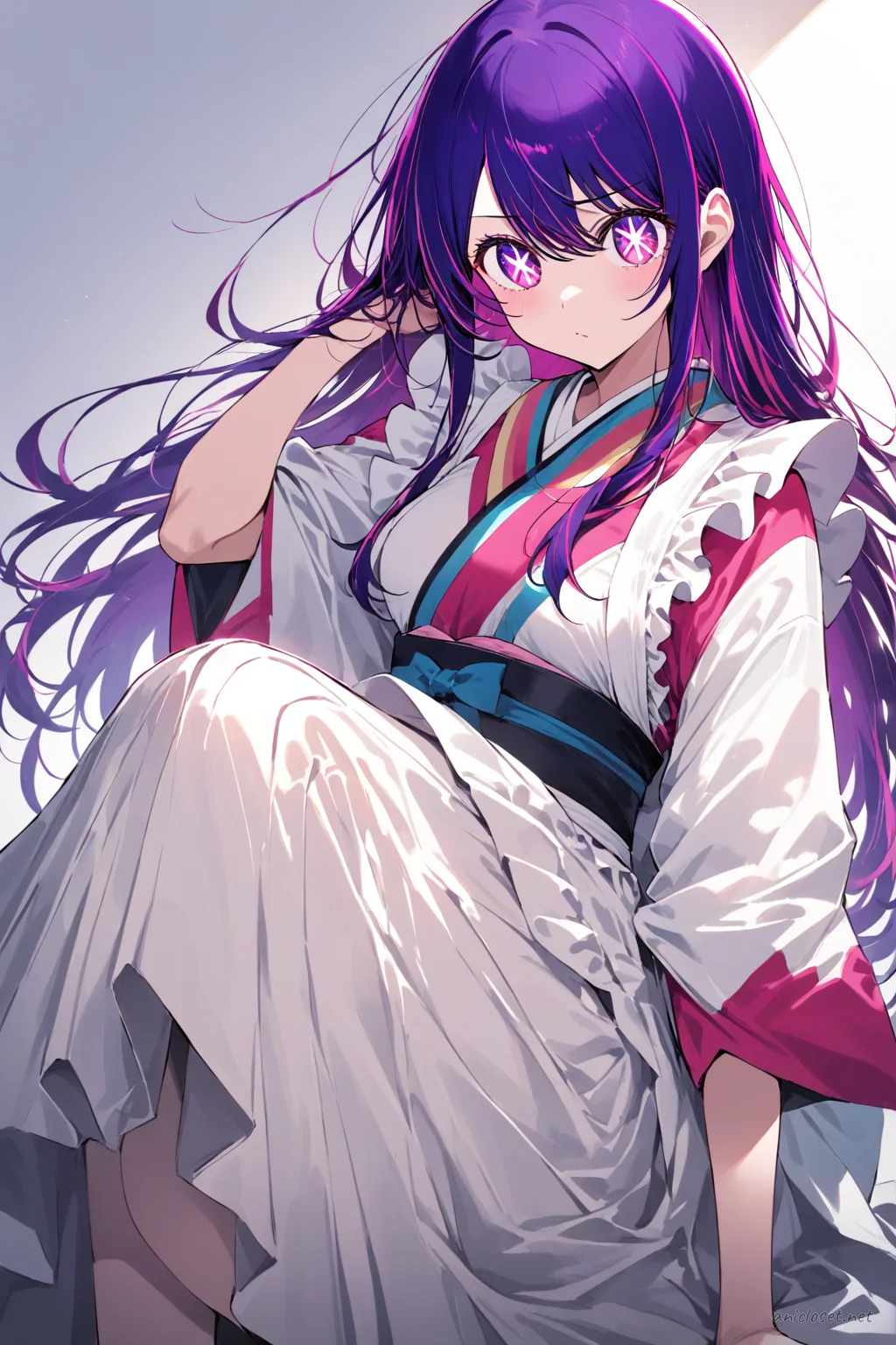 Knee-up half-body illustration of Ai Hoshino wearing a maid outfit with kimono sleeves, hakama skirt, white apron, and ribbon obi under soft studio lighting