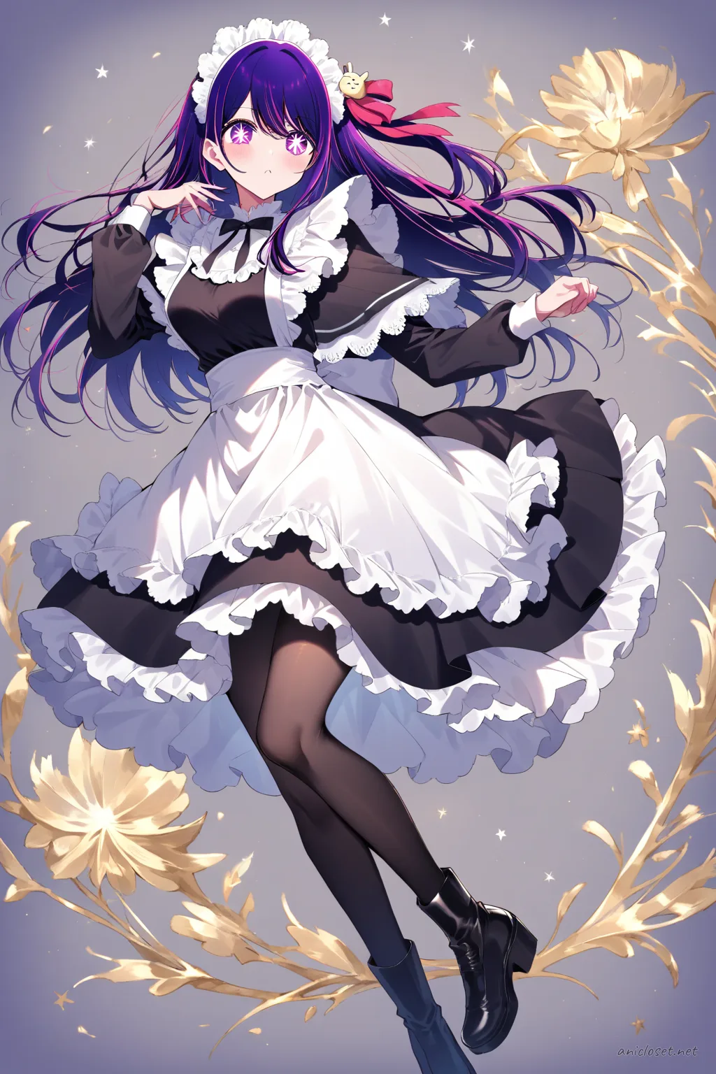 Full-body three-quarter view of Ai Hoshino wearing a winter velvet long sleeve maid dress with warm apron, capelet, opaque black tights, and black ankle boots