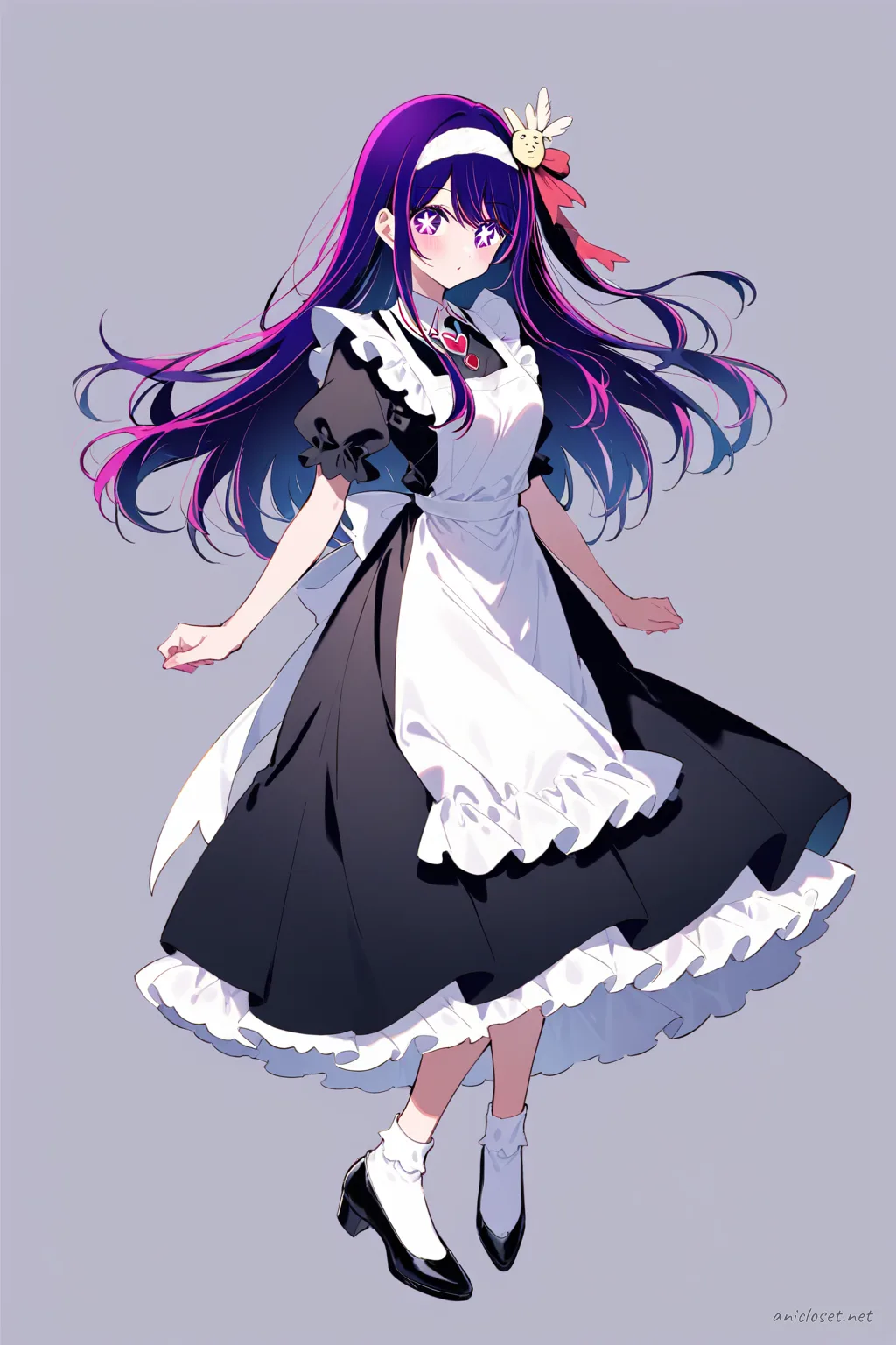 Full-body three-quarter view of Ai Hoshino in a black tailored midi dress with white apron panel, short puff sleeves, and black low heel shoes against a clean studio background
