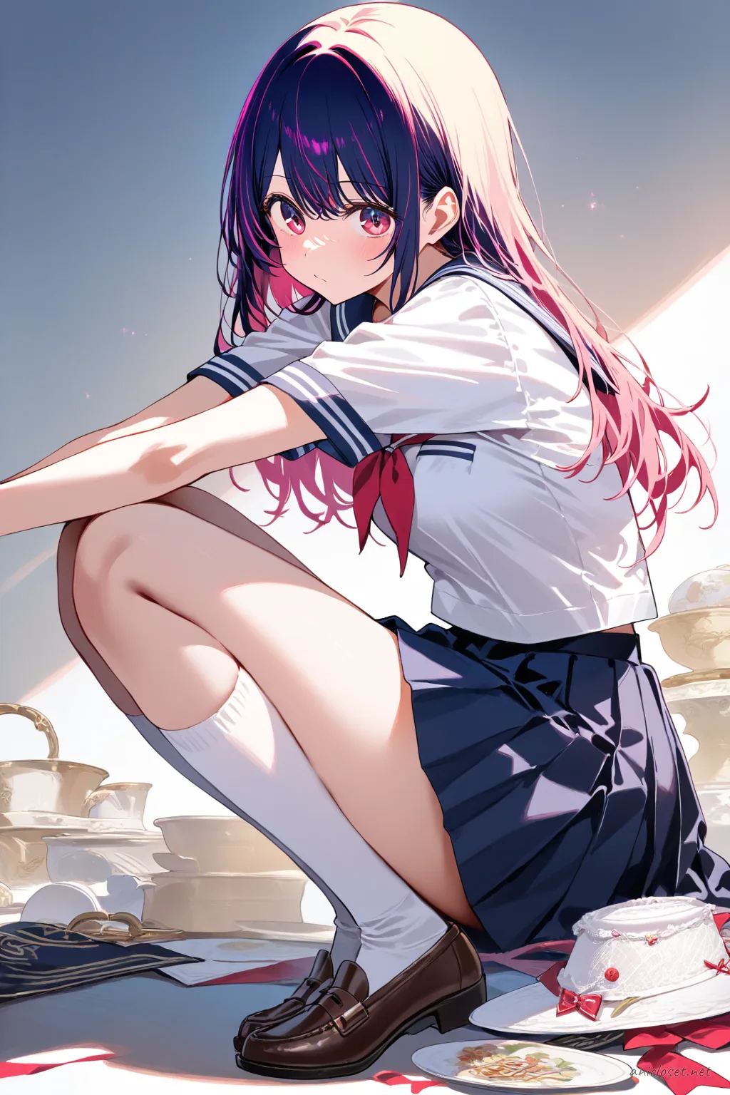 Full-body three-quarter view of Ai Hoshino wearing navy sailor collar blouse, red neckerchief, navy pleated skirt, knee-high white socks, and brown loafers against simple studio background