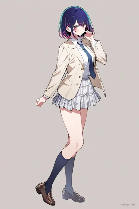 Full-body illustration of Ai Hoshino in beige blazer school uniform with necktie and plaid skirt, standing pose on clean studio background