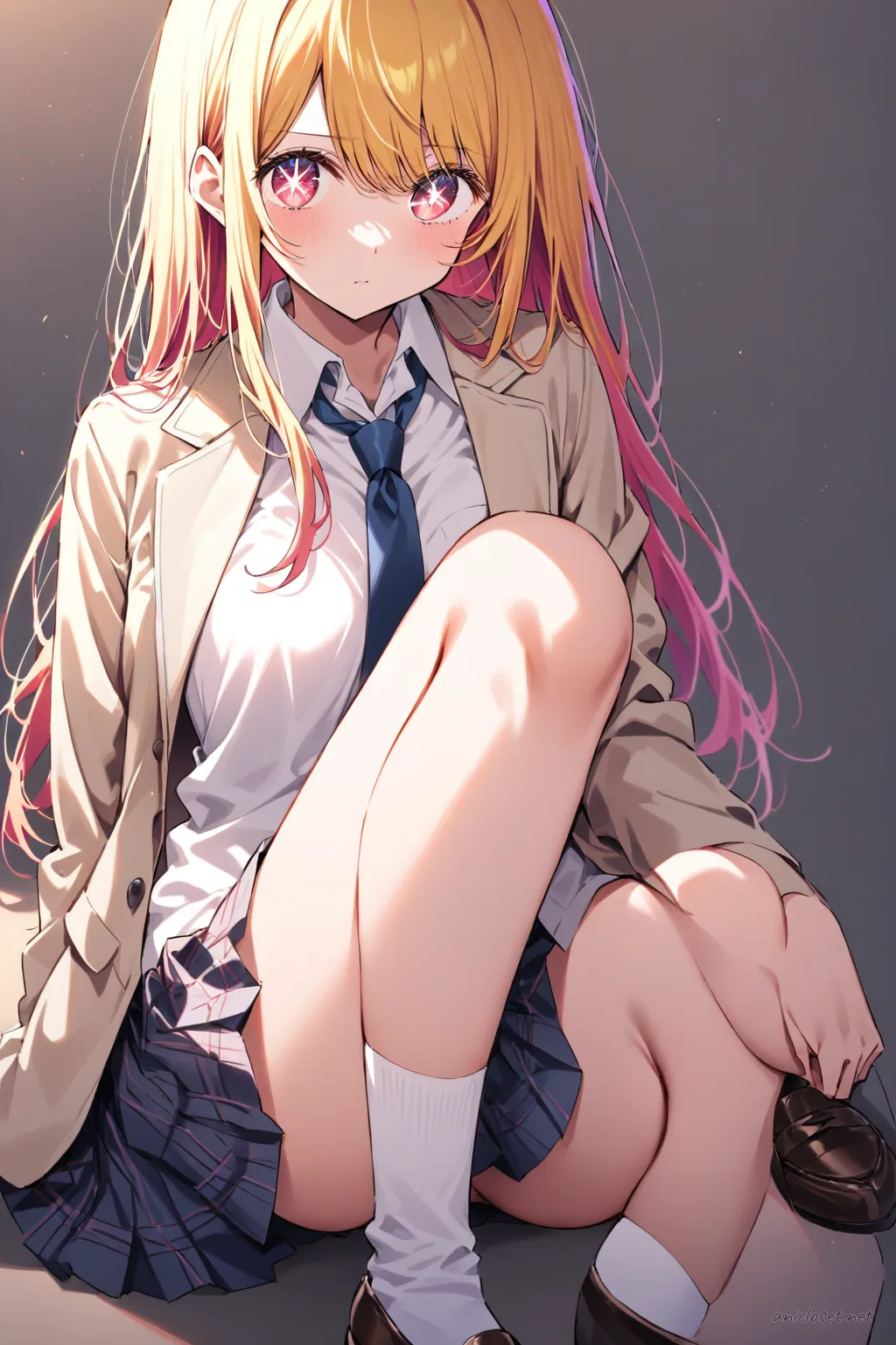 Knee-up half-body illustration of Ai Hoshino wearing a beige blazer, white dress shirt, navy necktie, pleated plaid skirt, knee-high socks, and brown loafers in soft studio lighting
