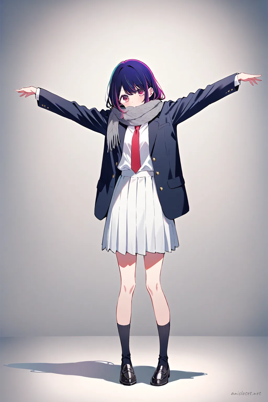 Full-body illustration of Ai Hoshino in black blazer winter school uniform with dark gray scarf and knee socks, standing pose on clean studio background