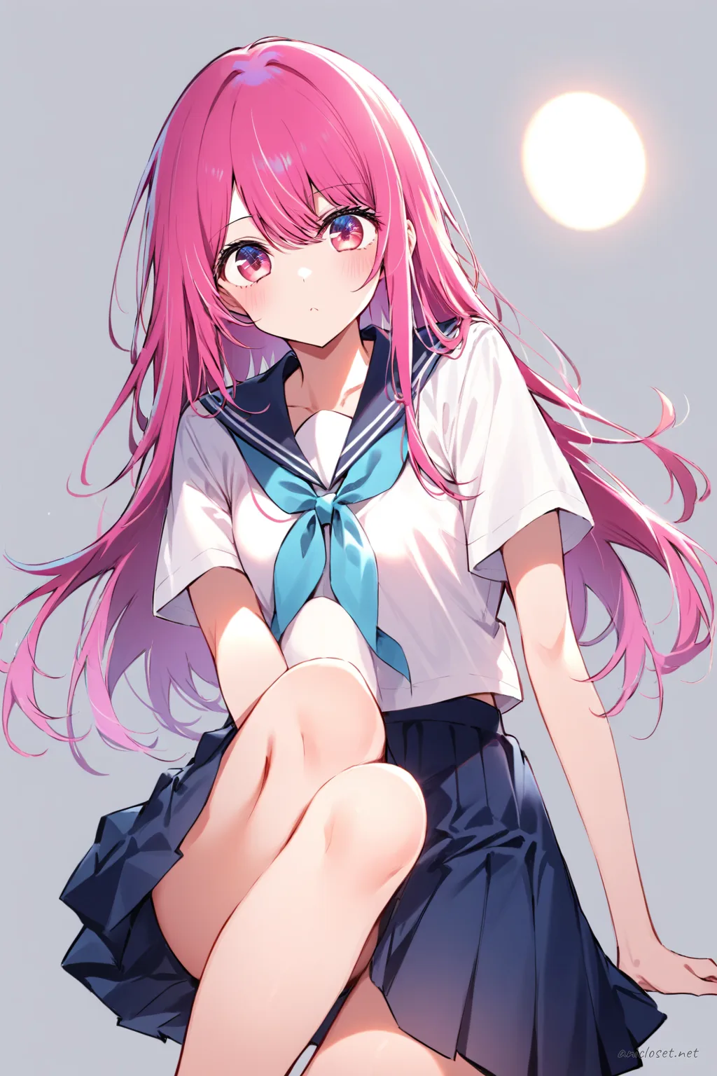 Illustration of Ai Hoshino in a summer sailor uniform with short sleeves and ribbon, shown from knee-up with soft studio lighting