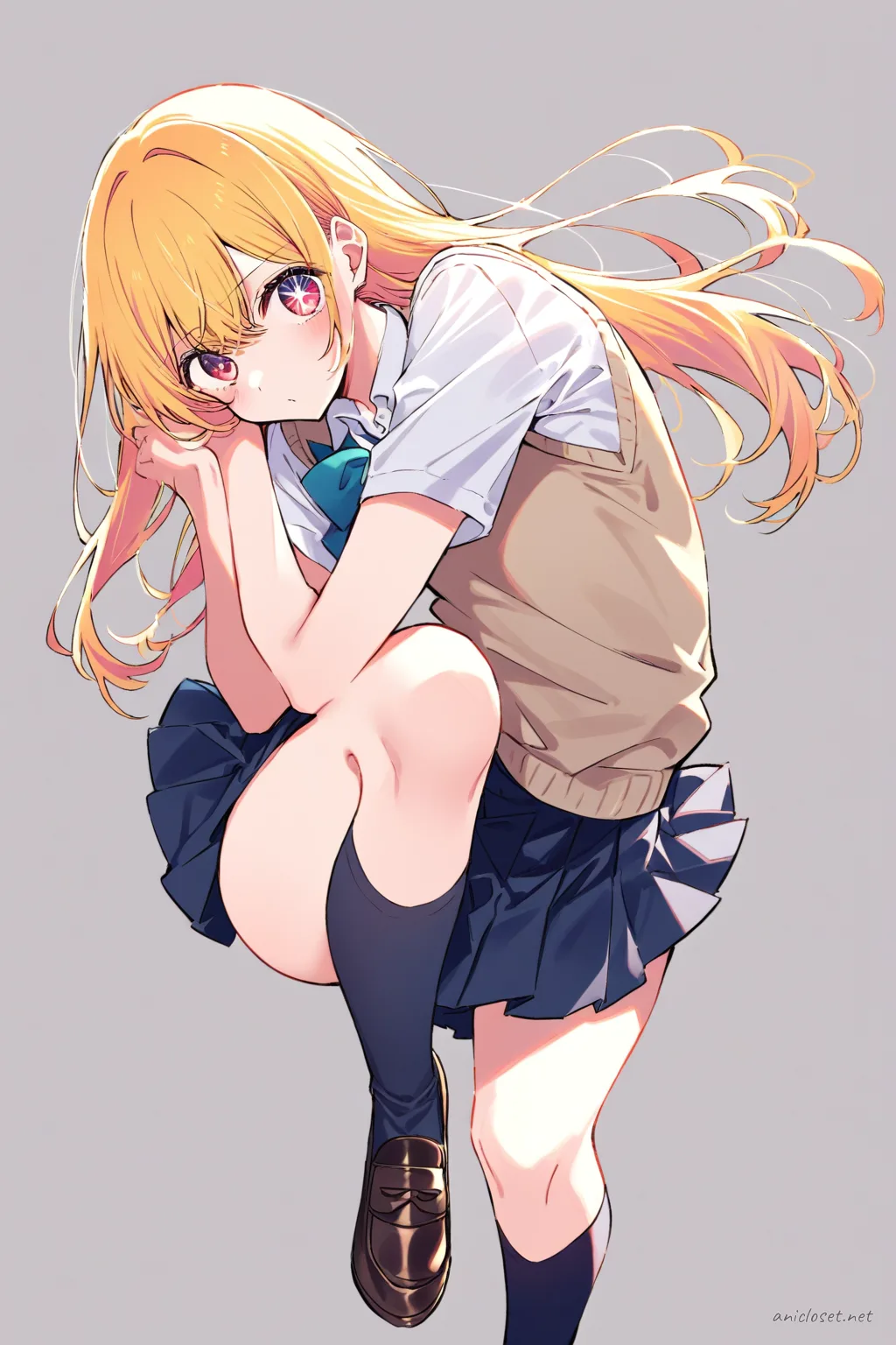 Illustration of Ai Hoshino wearing a sleeveless sweater vest over a white long sleeve shirt and navy blue school skirt, knee-up pose with soft studio lighting