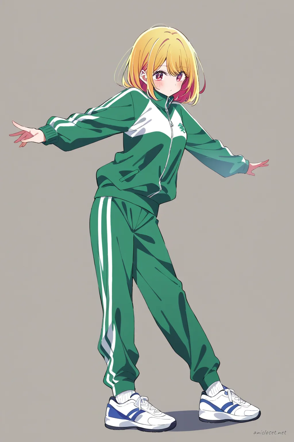 Full-body illustration of Ai Hoshino in a gym tracksuit school jersey set standing against a clean studio backdrop with white sports shoes visible