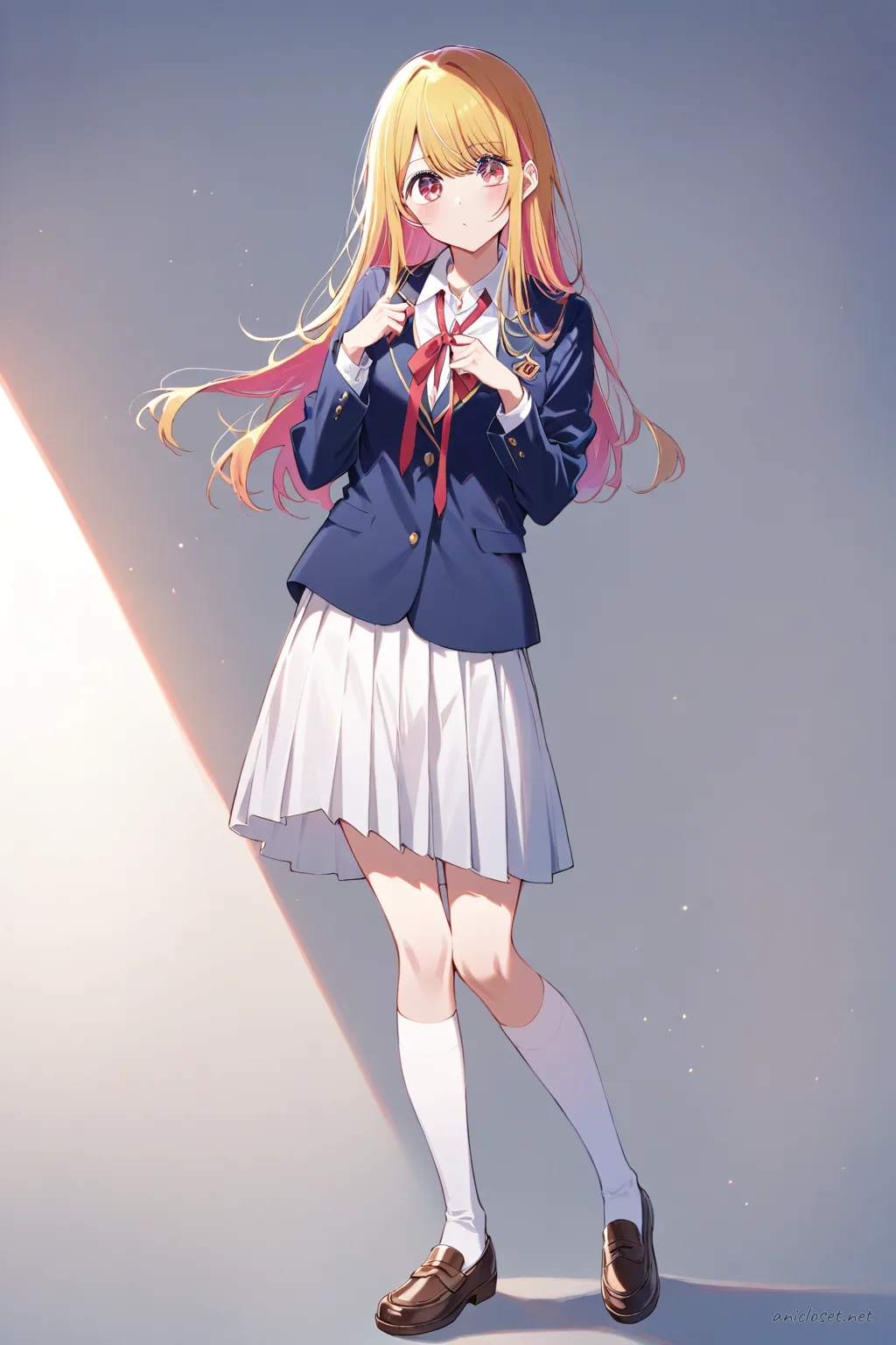 Full-body illustration of Ai Hoshino in a long pleated skirt formal school uniform, standing pose with shoes visible against a clean studio background
