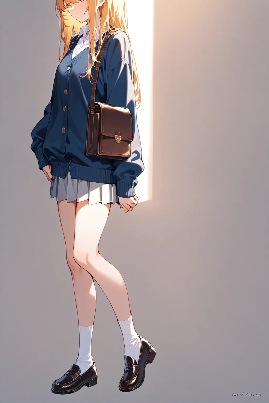 Illustration of Ai Hoshino in a knee-up half-body pose wearing a navy blue cardigan, white collared blouse, pleated skirt, black loafers, white ankle socks, and carrying a brown leather book bag against a simple studio background
