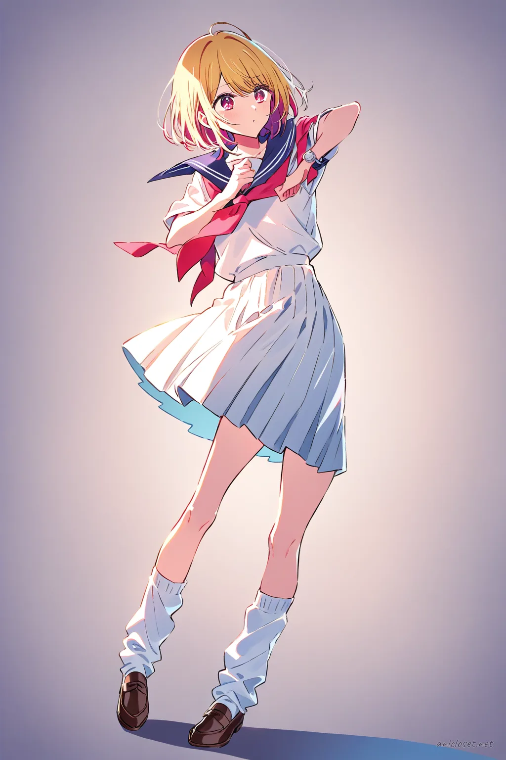 Full-body illustration of Ai Hoshino in a school uniform with a checkered pleated skirt, white sailor blouse, red neckerchief, loose white knee-high socks, and brown loafers, standing against a clean studio backdrop