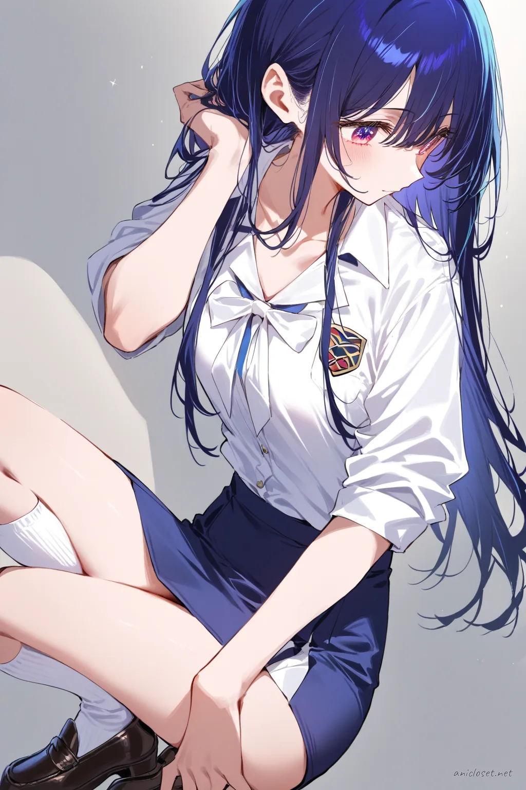 Full-body three-quarter view illustration of Ai Hoshino wearing a private academy blazer with emblem, white dress shirt, navy blue pencil skirt, black loafers, and white knee-high socks against a clean studio background