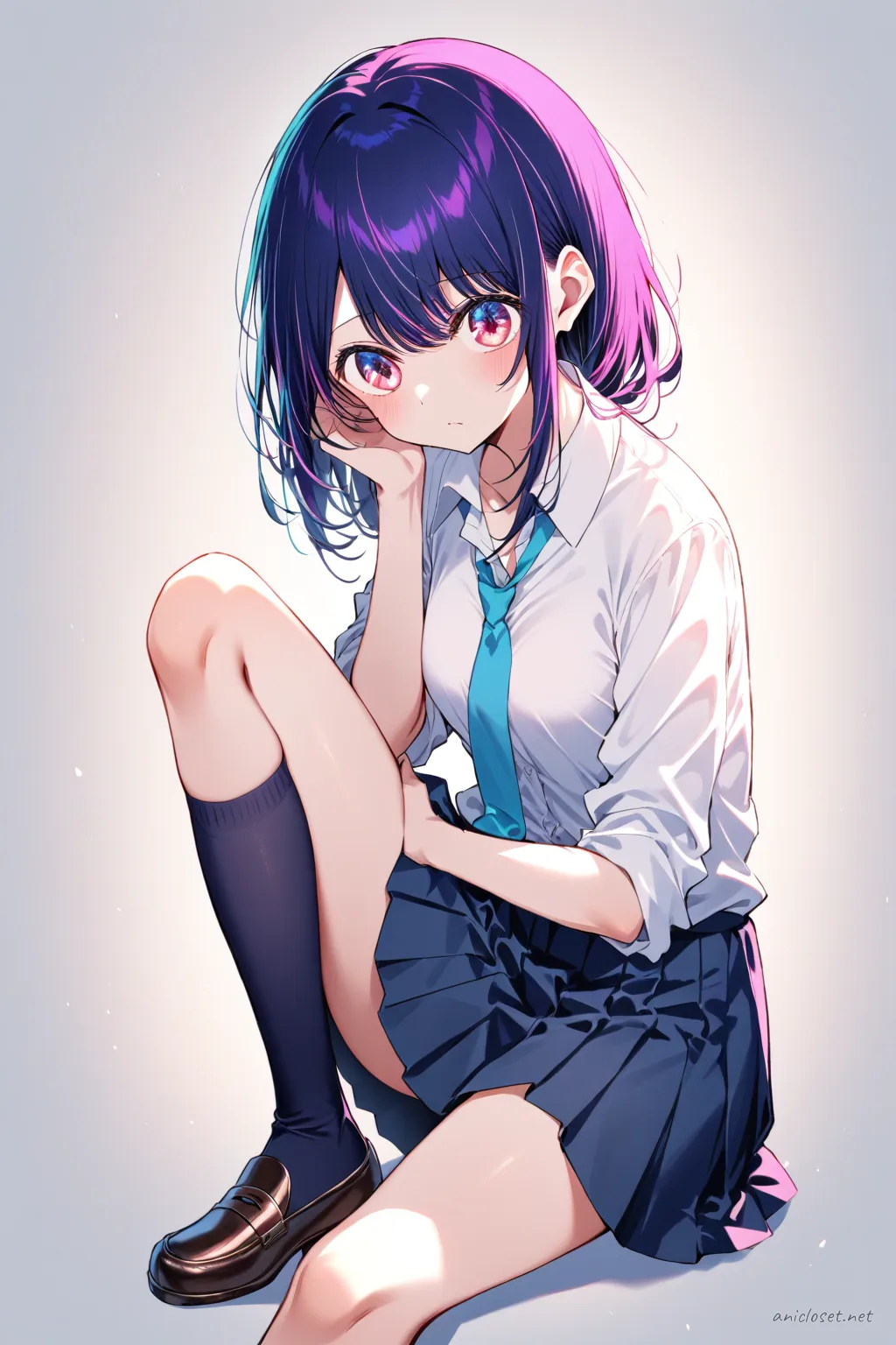 Ai Hoshino wearing a white button-up shirt with rolled-up sleeves and an undone navy blue necktie, paired with a navy pleated skirt, knee socks, and loafers, shown in a knee-up half-body pose under soft studio lighting