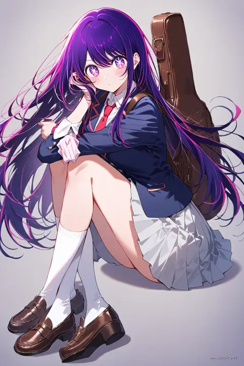 Full-body three-quarter view of Ai Hoshino in navy blazer, white dress shirt, red necktie, grey pleated skirt, knee-high socks, black loafers, holding brown leather instrument case against simple studio background