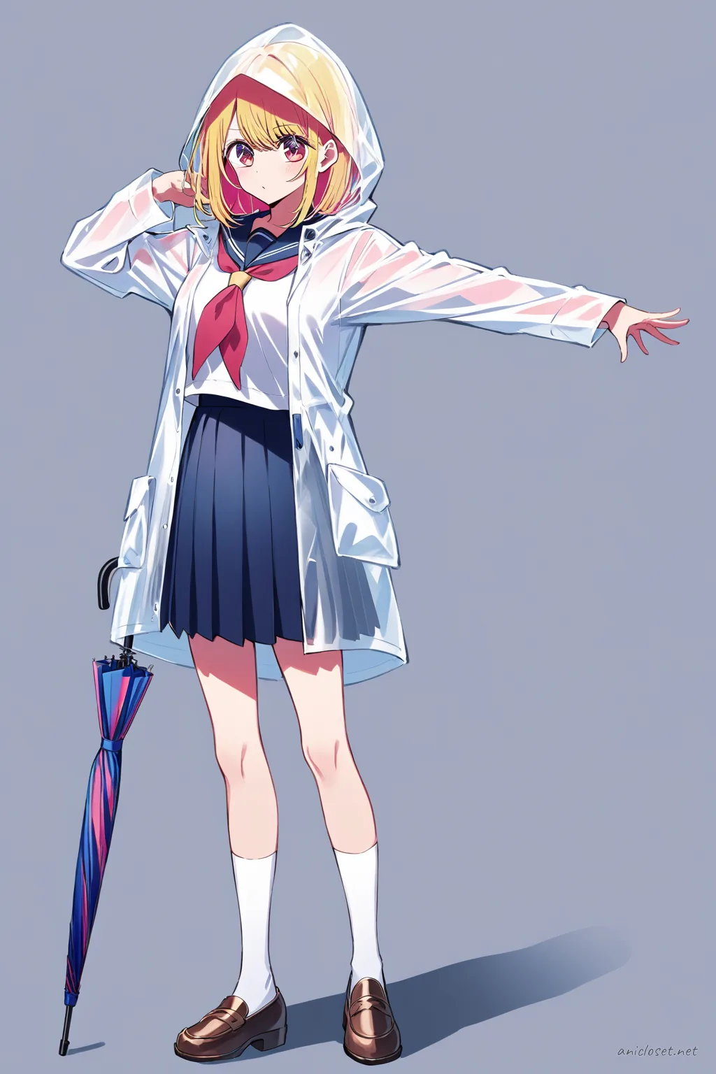 Full-body illustration of Ai Hoshino wearing a Japanese school uniform with a transparent raincoat and holding an umbrella, standing against a clean studio backdrop