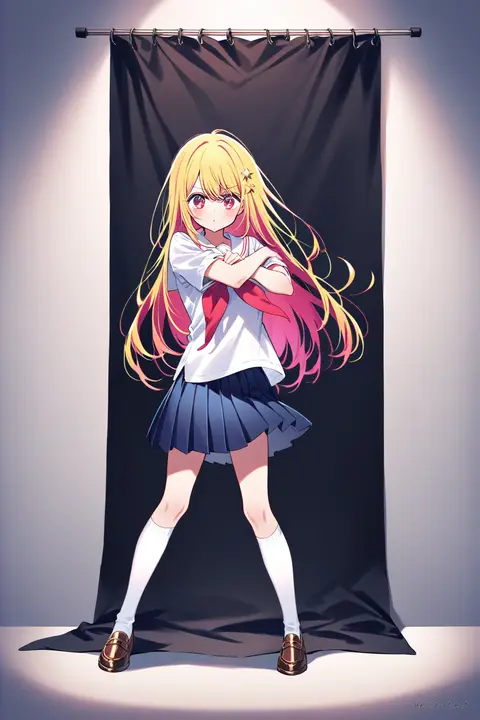 Full-body illustration of Ai Hoshino in her classic white sailor collar blouse, navy blue pleated skirt, red neckerchief, white knee-high socks, brown loafers, and gold star hairpin against a simple studio background