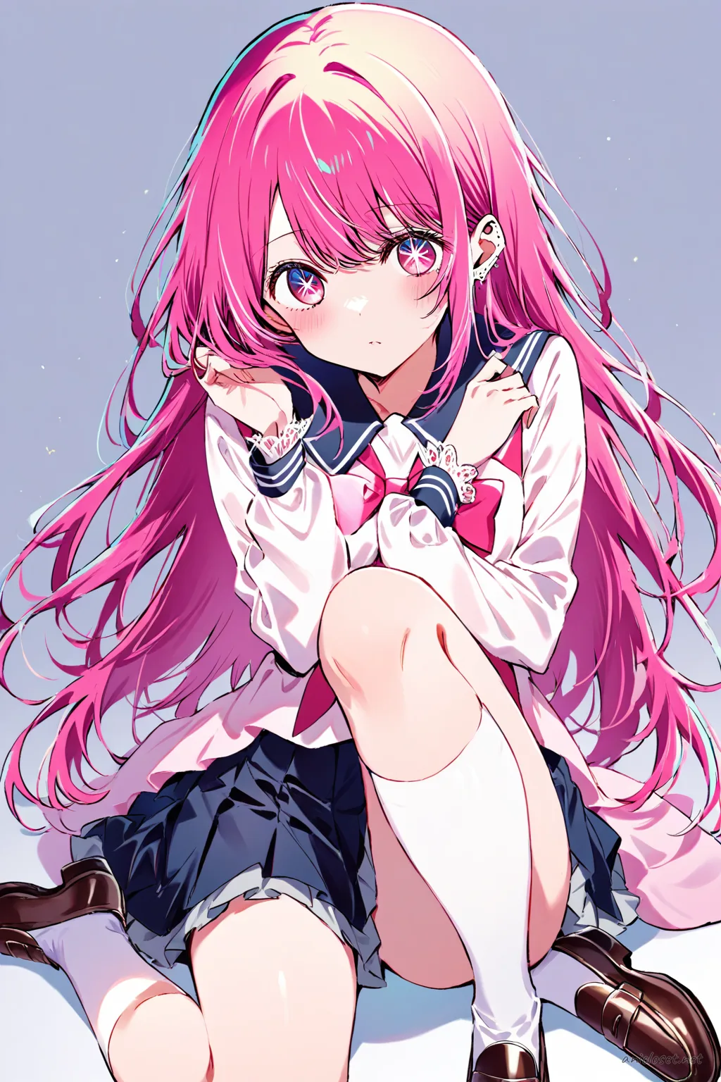 Knee-up half-body illustration of Ai Hoshino wearing a pastel pink long-sleeve sailor collar blouse with delicate ribbon bow tie, pleated skirt, soft white knee-high socks, and classic brown loafers against a clean studio background