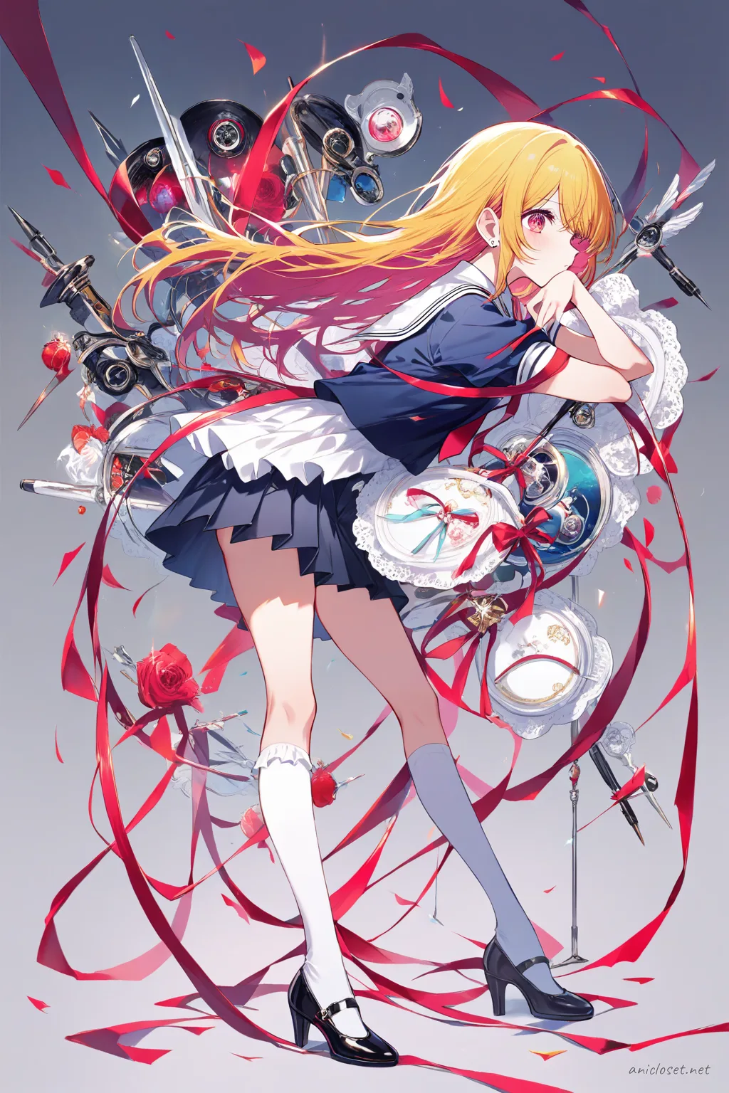 Full-body three-quarter view illustration of Ai Hoshino wearing a white sailor collar blouse, navy blue pleated skirt, red ribbon necktie, white knee-high socks, and black Mary Jane shoes with simple silver stud earrings on a clean studio background