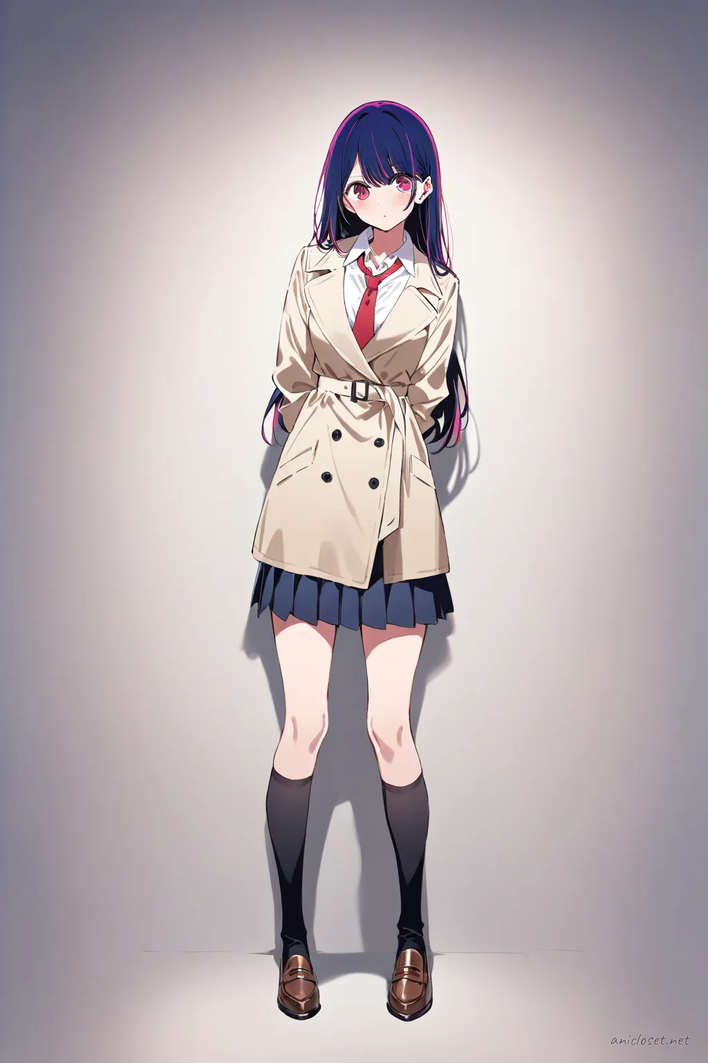 Full-body illustration of Ai Hoshino in her Signature Look 04, wearing a long beige trench coat, white blouse, navy pleated skirt, black knee-high socks, brown loafers, and a red ribbon necktie, standing against a clean studio backdrop