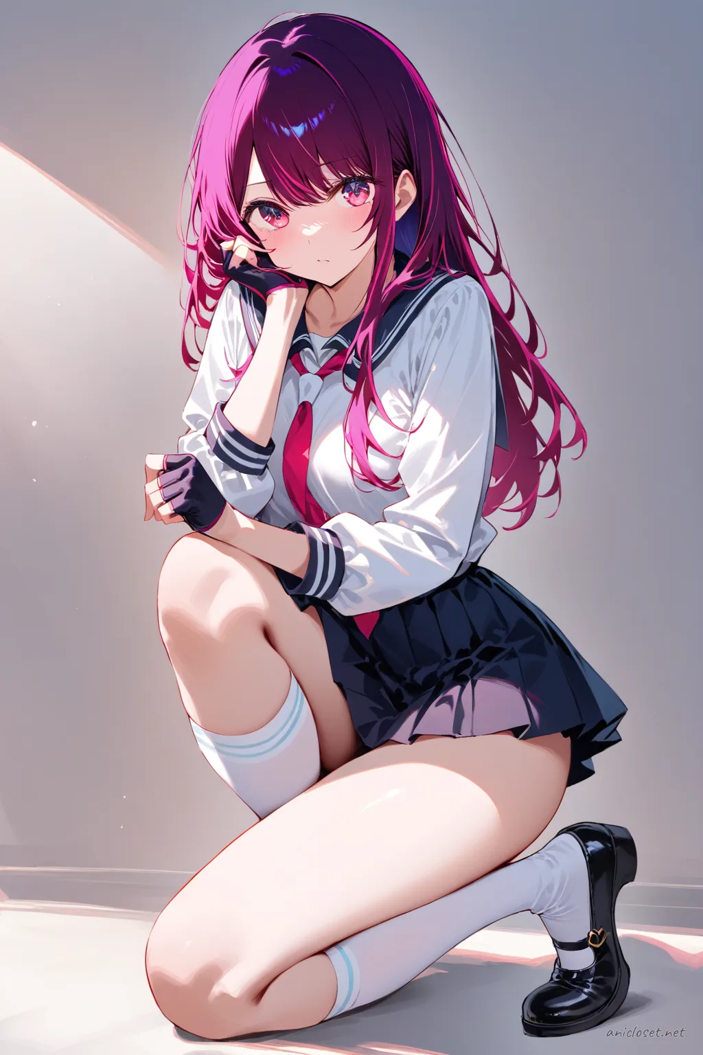 Illustration of Ai Hoshino in a knee-up half-body pose wearing a long-sleeve sailor-collar blouse, pleated mini skirt, knee-high socks, mary-jane shoes, fingerless gloves, and ribbon necktie against a simple studio background