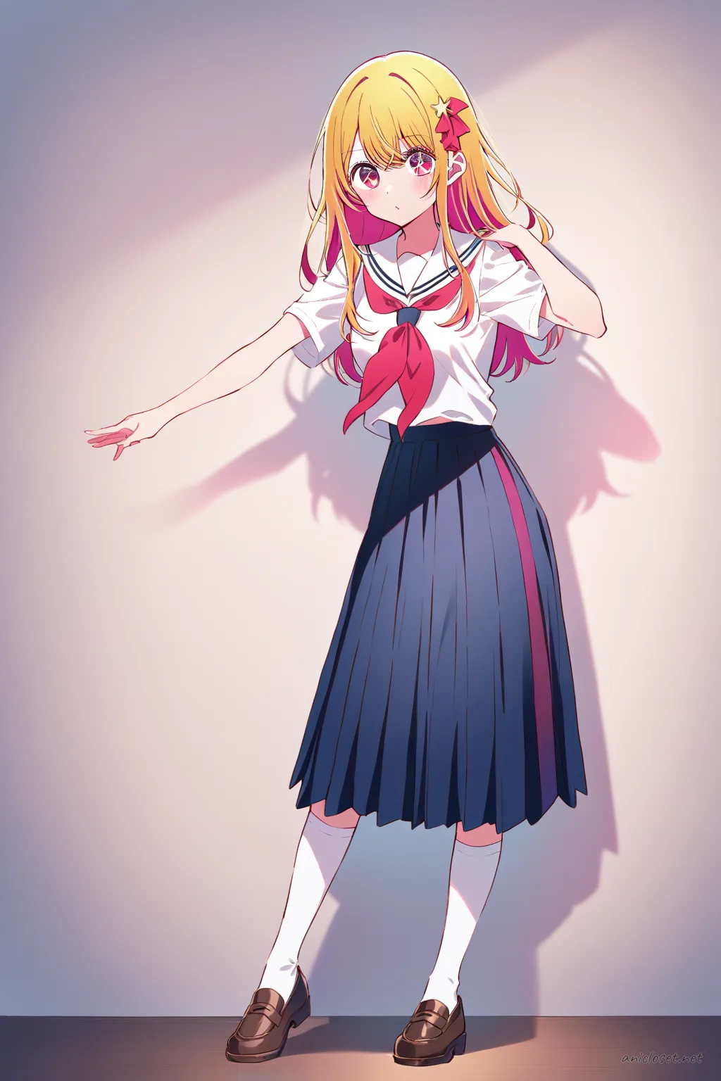 Full-body illustration of Ai Hoshino in Signature look variant 06 wearing white sailor collar blouse, navy pleated skirt, red neckerchief, white knee-high socks, brown loafers, and red ribbon hair ornament, standing against a clean studio background
