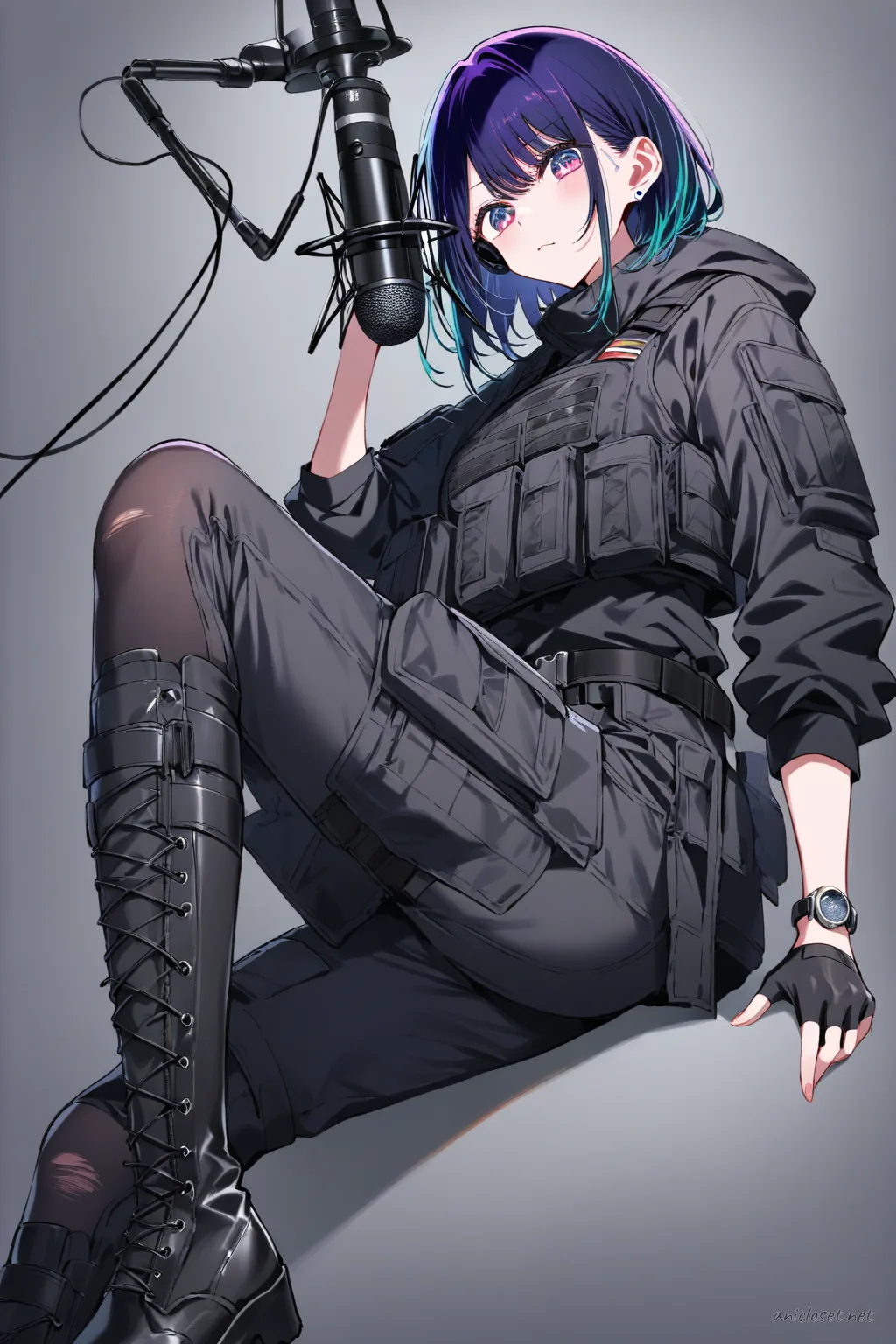 Knee-up half-body illustration of Ai Hoshino in black tactical jacket, dark gray combat vest, fingerless gloves, and knee-high lace-up boots against a clean studio background