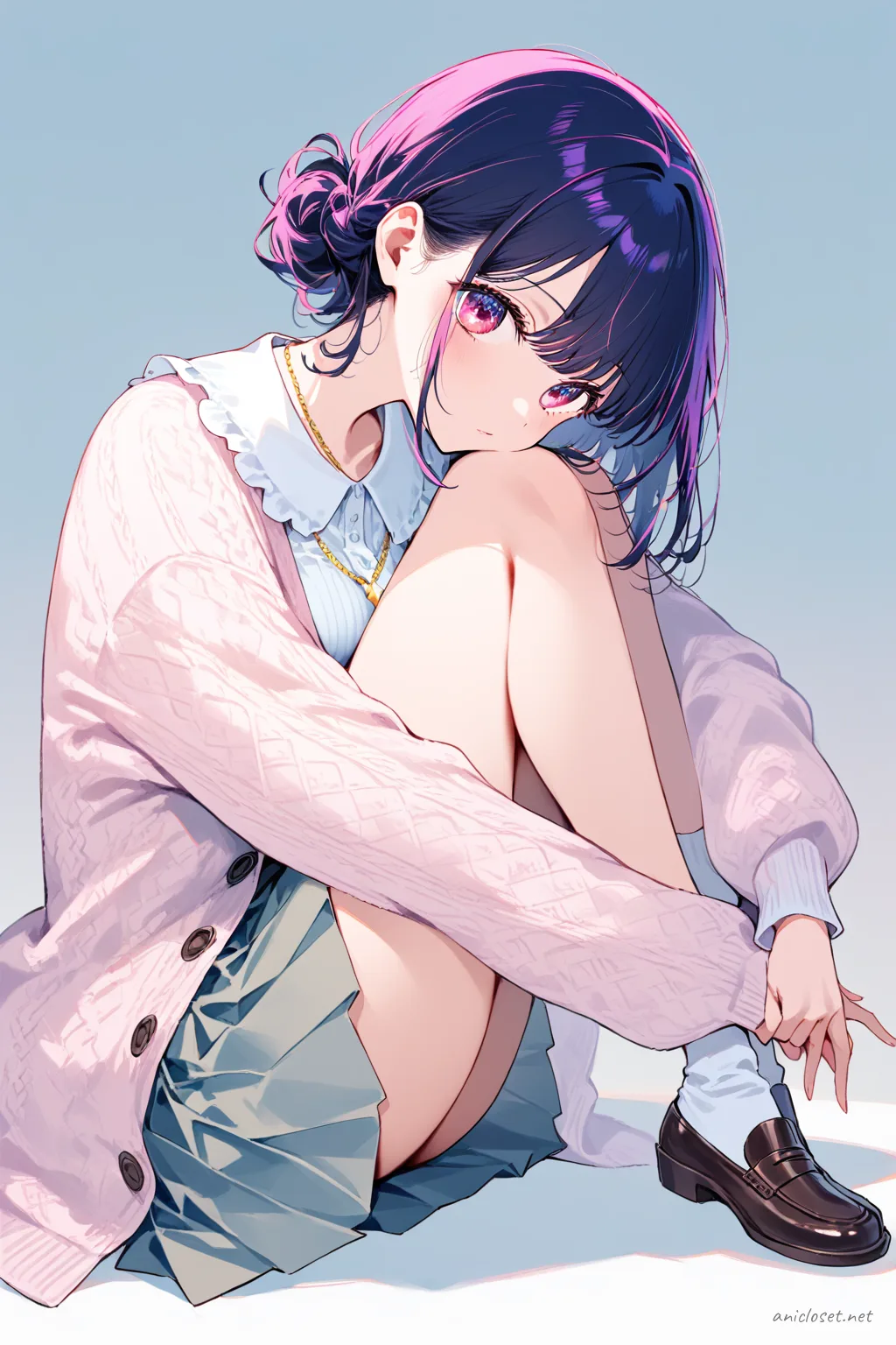 Full-body three-quarter view illustration of Ai Hoshino wearing a soft knit pastel cardigan, white blouse with peter pan collar, pleated midi skirt, ankle socks, and loafers