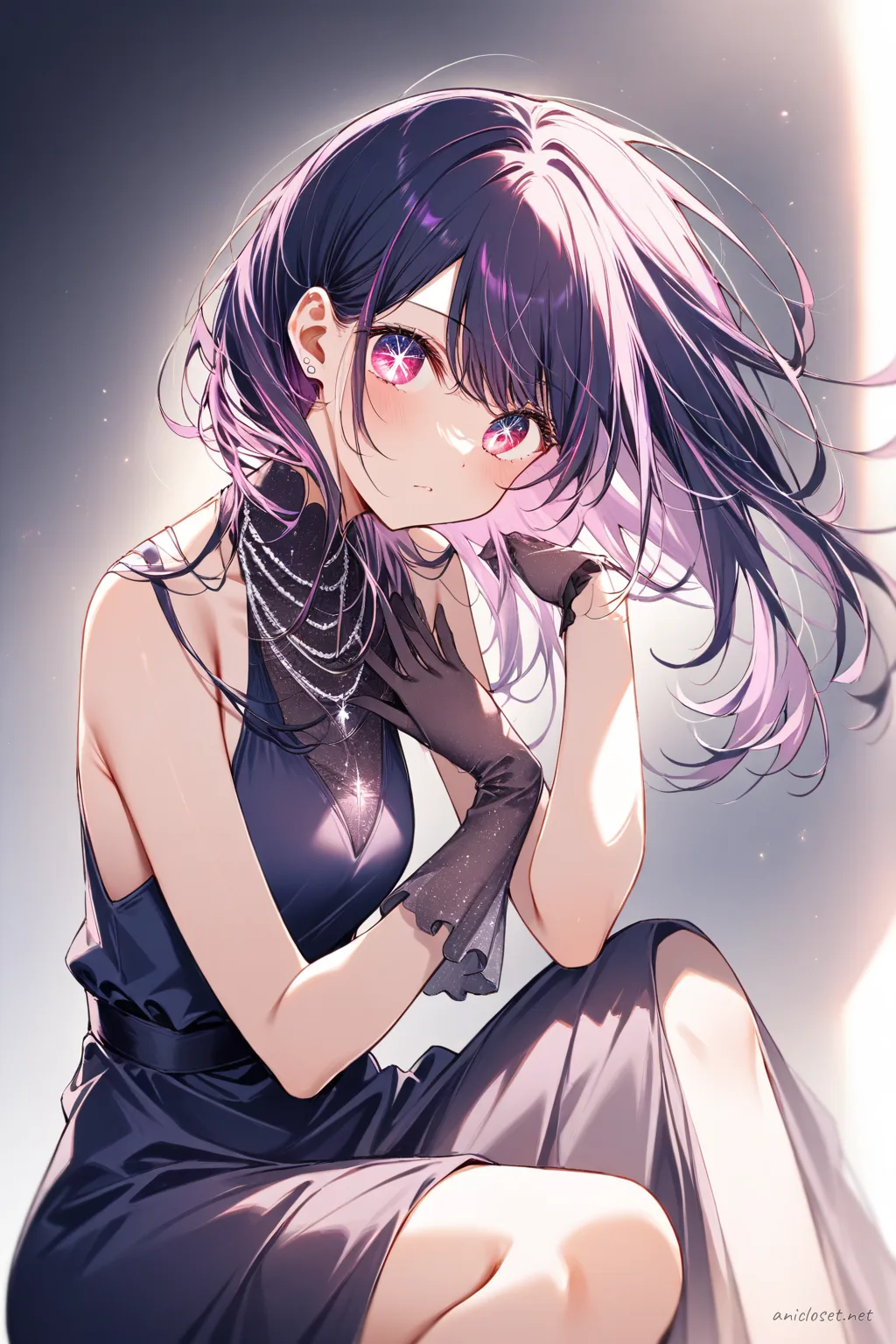 Illustration of Ai Hoshino in a dark navy blue sleeveless evening gown with subtle shimmer, fitted waist, knee-up view, wearing sheer black gloves and silver jewelry under soft studio lighting