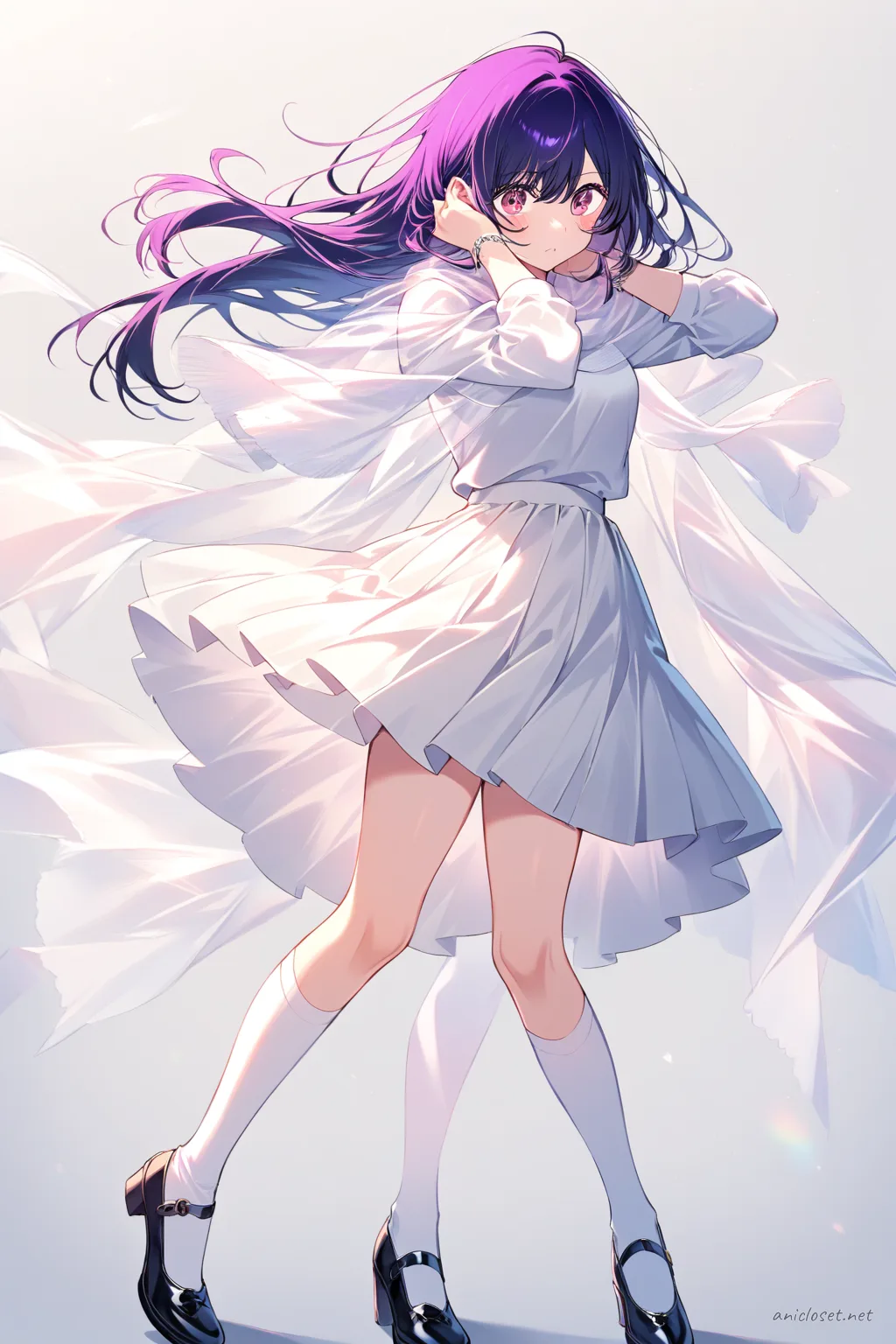 Full-body illustration of Ai Hoshino in her Signature look #10 wearing a long-sleeve white blouse, high-waisted pleated skirt, sheer chiffon scarf flowing in the wind, knee-high white socks, and black Mary Jane shoes against a clean studio background