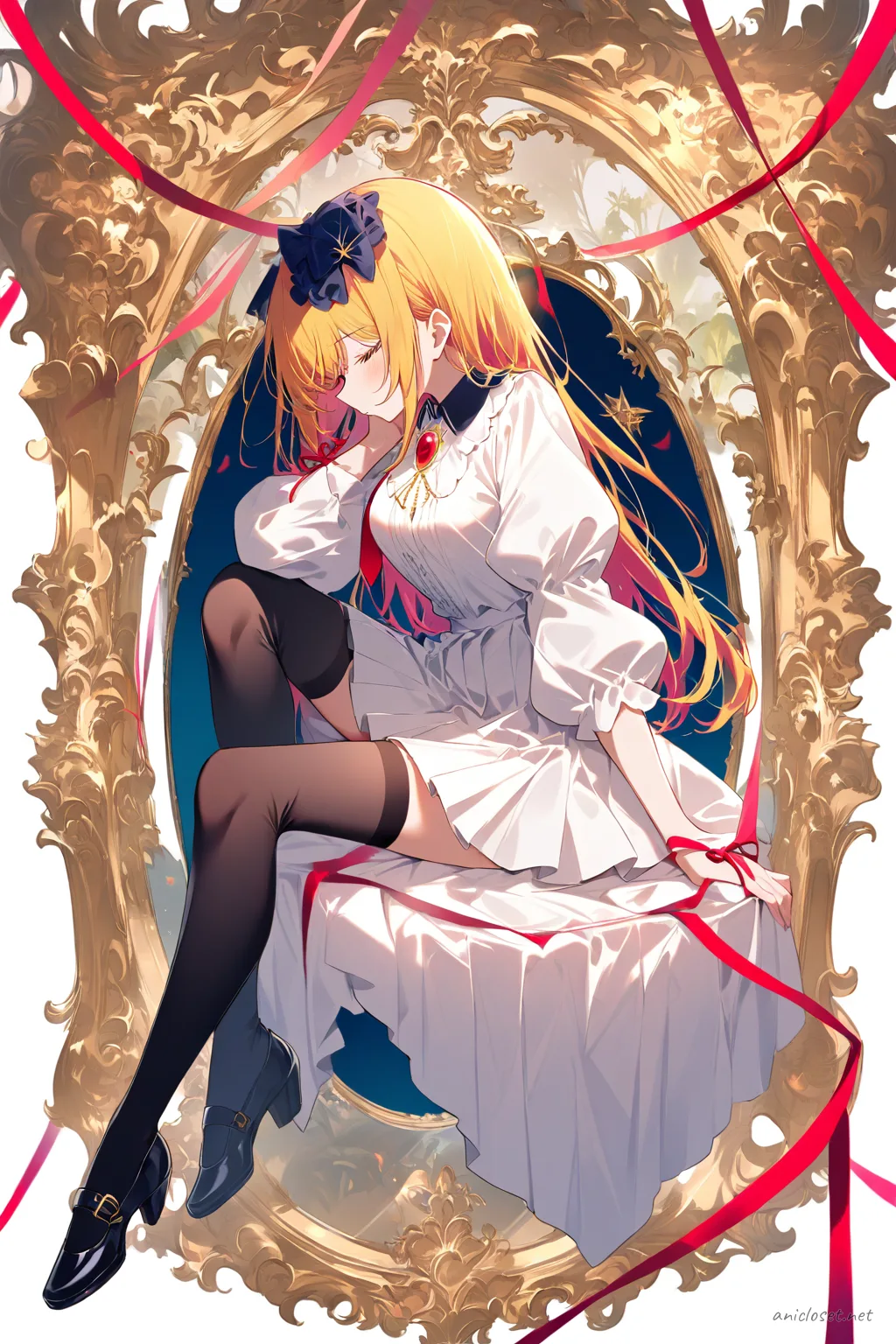 Full-body three-quarter view illustration of Ai Hoshino seated, wearing a white blouse with peter pan collar and puff sleeves, navy blue pleated skirt, black thigh-high stockings, black mary jane shoes, red ribbon necktie, and gold brooch on a clean white background