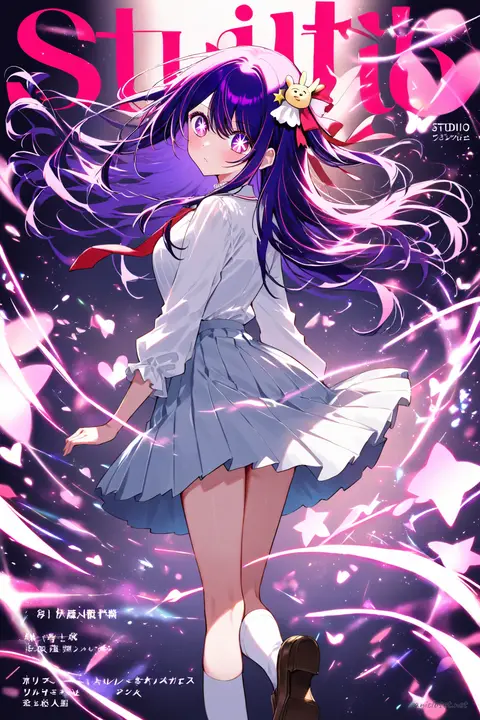 Illustration of Ai Hoshino in her signature outfit, back three-quarter pose with face looking back, surrounded by magical particle sparkles