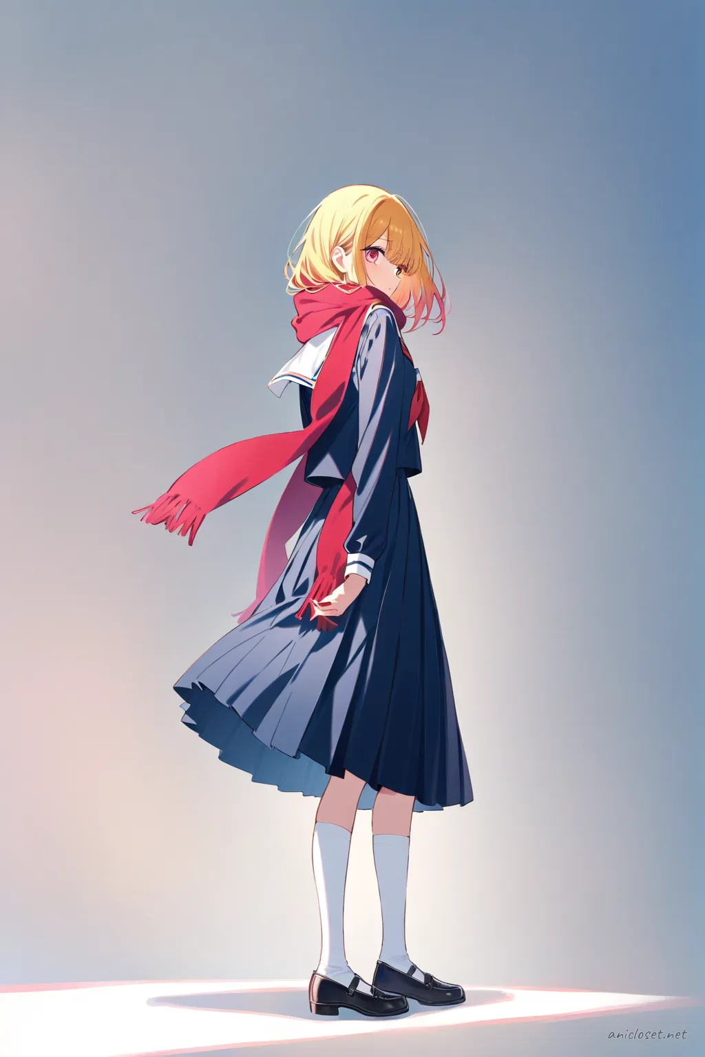 Full-body illustration of Ai Hoshino in a white sailor collar blouse, navy blue pleated skirt, red neckerchief scarf, white knee-high socks, and black Mary Jane shoes, standing in a three-quarter back view against a clean studio background