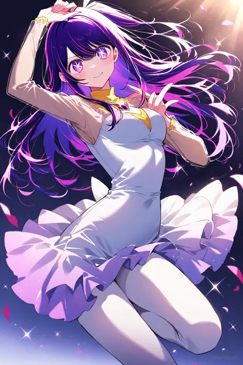 Full-body three-quarter view of Ai Hoshino wearing a figure skating practice jacket and short skating dress with sheer mesh sleeves and white figure skating boots