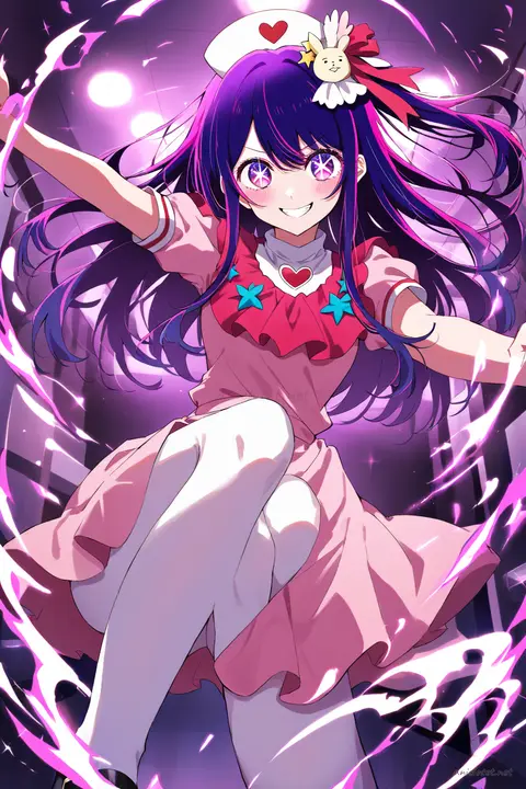 Illustration of Ai Hoshino in moe nurse uniform dress with nurse cap, red cross armband, sheer white tights, and mary janes