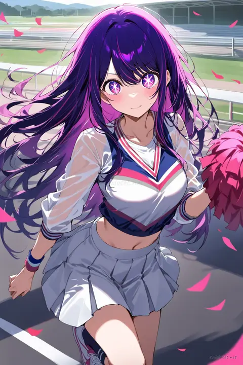 Front cowboy shot of Ai Hoshino in cheer squad uniform with fitted crop sweater, short pleated skirt, knee socks, and sneakers