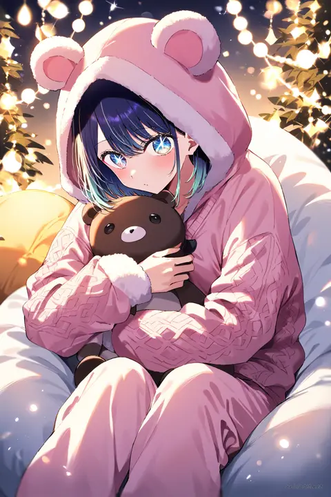 Full-body three-quarter view of Akane Kurokawa wearing a one-piece animal kigurumi pajama with plush costume-ear hood and paw cuffs, layered knit cardigan, holding matching plush bear, seated on beanbag chair in a warm room with fairy lights