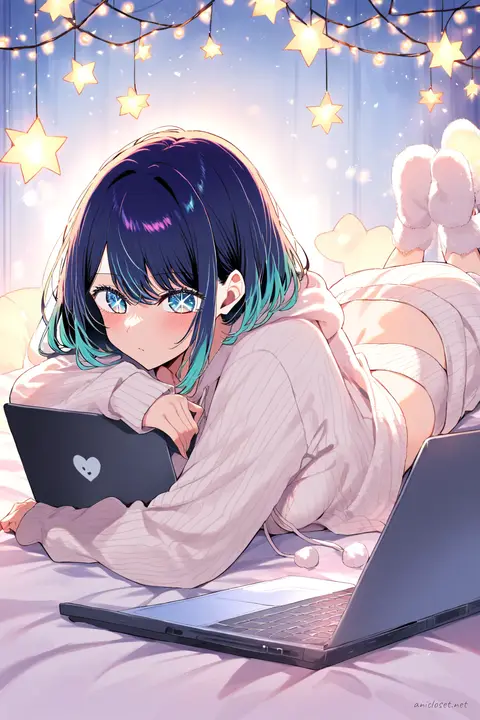 Full-body illustration of Akane Kurokawa lying stomach-down on bed wearing pastel ribbed knit crop top and drawstring lounge pants with fuzzy socks, laptop and fairy lights in background