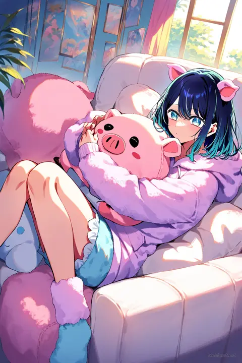 Illustration of Akane Kurokawa wearing pastel pink animal pajama hoodie with sewn plush pig ears, matching shorts, fuzzy knit socks, holding a plush pillow and oversized blanket in a living room setting
