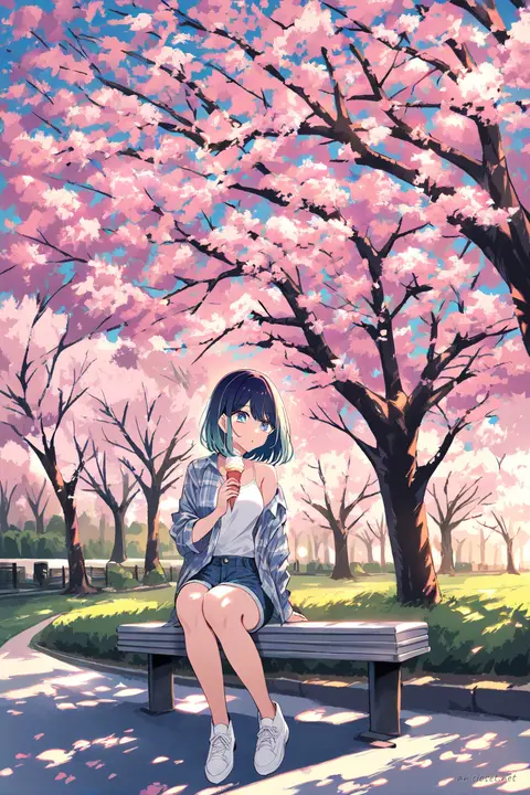 Full-body illustration of Akane Kurokawa sitting on a curb wearing a plaid shirt over a white camisole, denim shorts, and white sneakers, holding ice cream with cherry blossom trees and a park path in the background under golden hour light