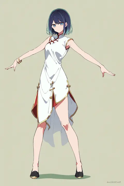 Full-body illustration of Akane Kurokawa wearing a classic red qipao with gold trim, frog buttons, modest hem, black Mary Jane shoes, and simple gold bracelet, standing against a clean studio backdrop.